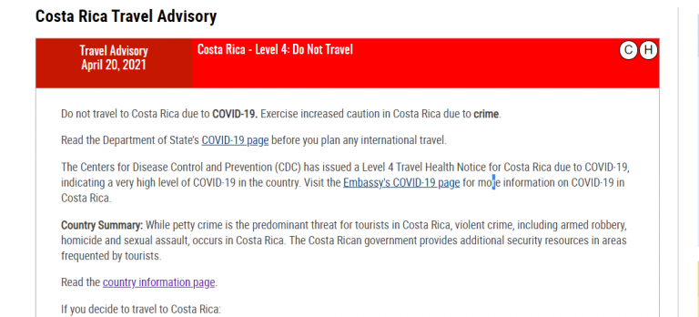 Estados Unidos vuelve a emitir alerta máxima de "no viajar" a Costa Rica ante repunte de la pandemia
